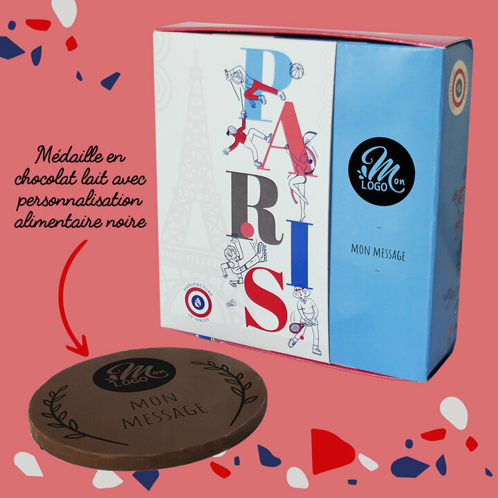 Coffret Paris Sport avec mdaille en chocolat lait personnalis avec votre message et logo d'entreprise