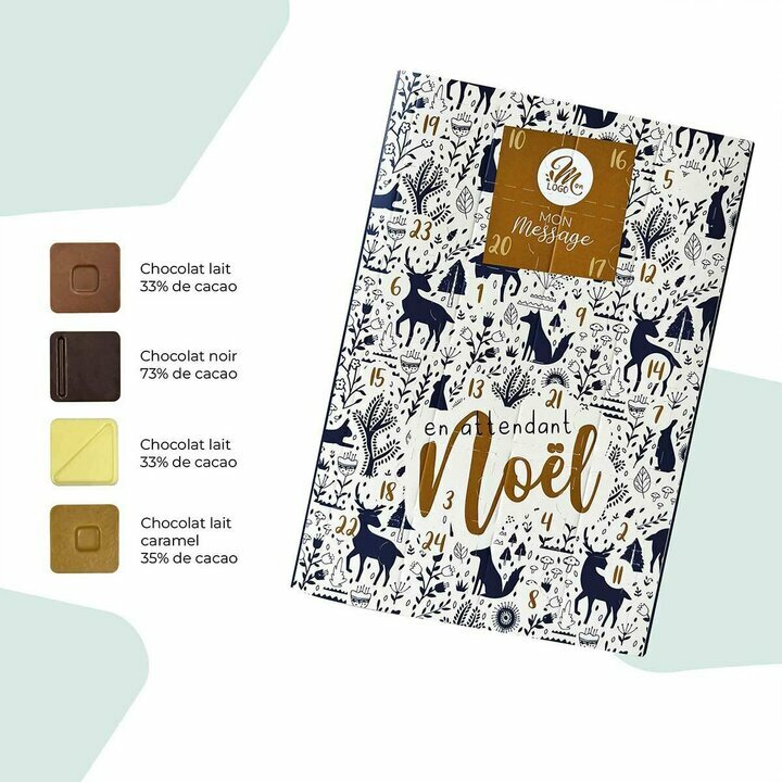 Calendrier de l'avent entreprise thme Nature compos de chocolat blanc, lait, noir et lait-caramel