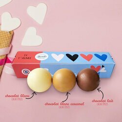 Coffret de chocobombes chocolat lait, blanc-caramel et blanc