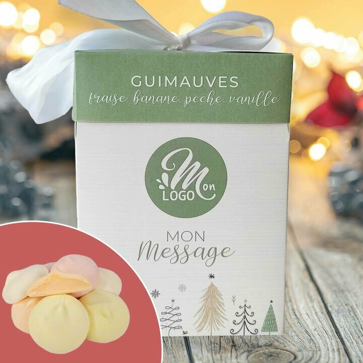 Cube Cadeau compos d'un mlange de  Guimauves sur le thme Sapin