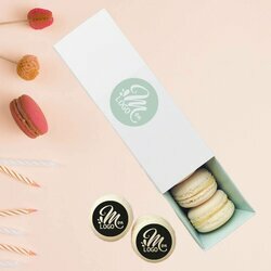 Boite de 6 macarons vanille personnalis avec votre logo, thme vert d'eau