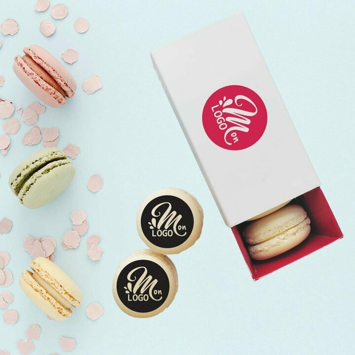 Bote de 4 macarons personnalis entreprise sur le thme rouge