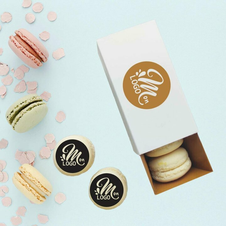 Bote de 4 macarons personnalis entreprise sur le thme or