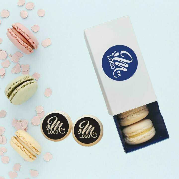 Bote de 4 macarons personnalis entreprise sur le thme bleu marine