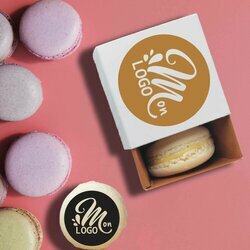 Bote de 2 macarons personnalis entreprise thme or