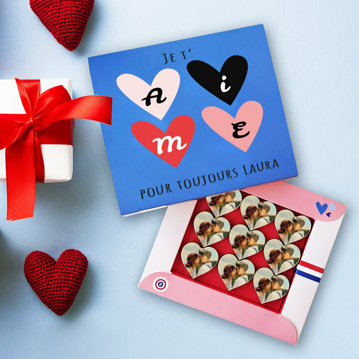 Coffret de 9 curs chocolat Saint Valentin personnalis avec votre photo