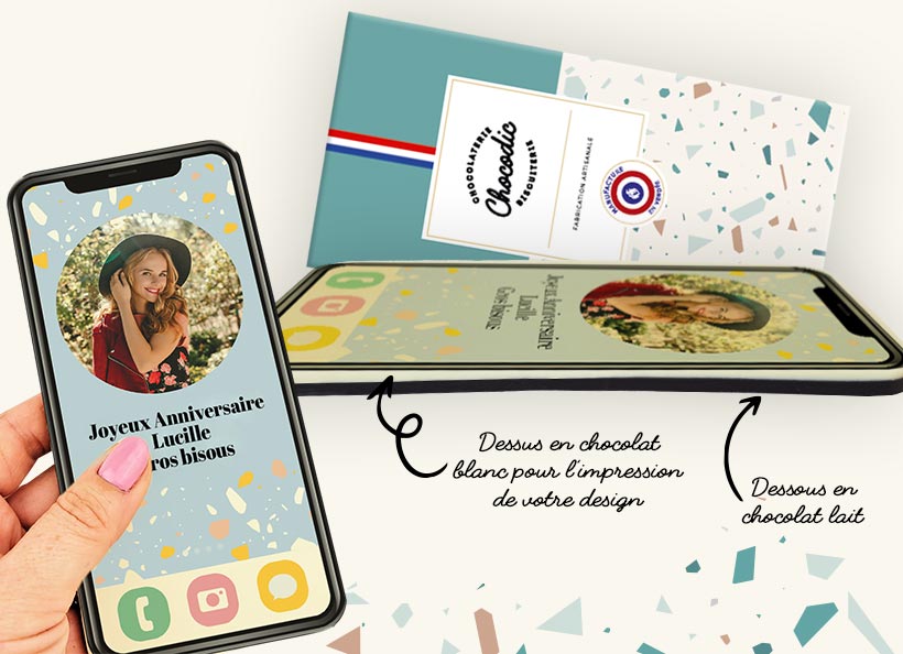 Icho, l'iphone en chocolat personnalisé avec votre texte et votre photo